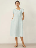 Women's 100% Linen Tailored Midi Dress - Cap Sleeve Buttons