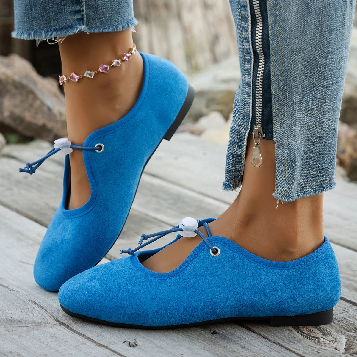 Women's Suede Mary Jane Flats - Lace-Up Ballet Loafers