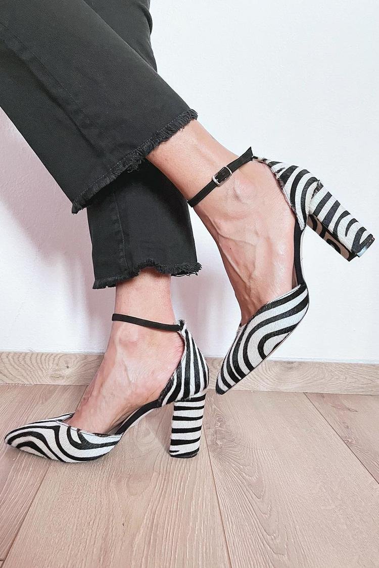 Women's Zebra Print Block Heels - Ankle Strap Party Shoes