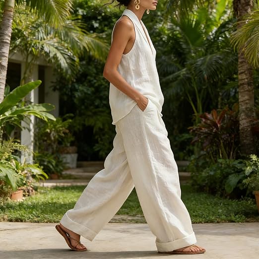 Linen Halter Tank and Wide Leg Pants Set - Women's Co-Ord