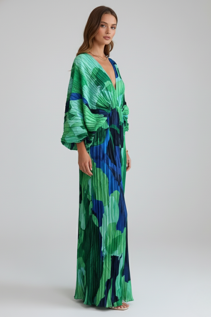 Women's Pleated Maxi Dress - V Neck Long Sleeve Side Slit