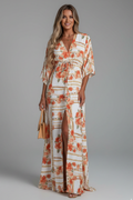 Women's Maxi Dress - V Neck Tie Waist Batwing Sleeve Print