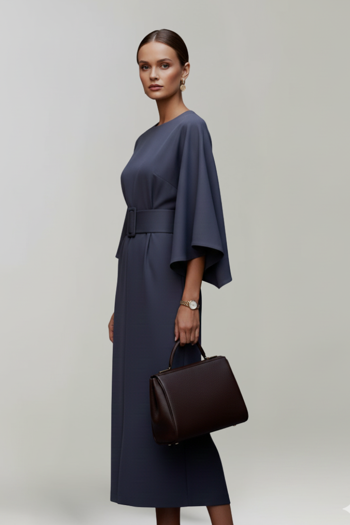 Women's Belted Midi Dress - Wide Sleeve Round Neck Dress
