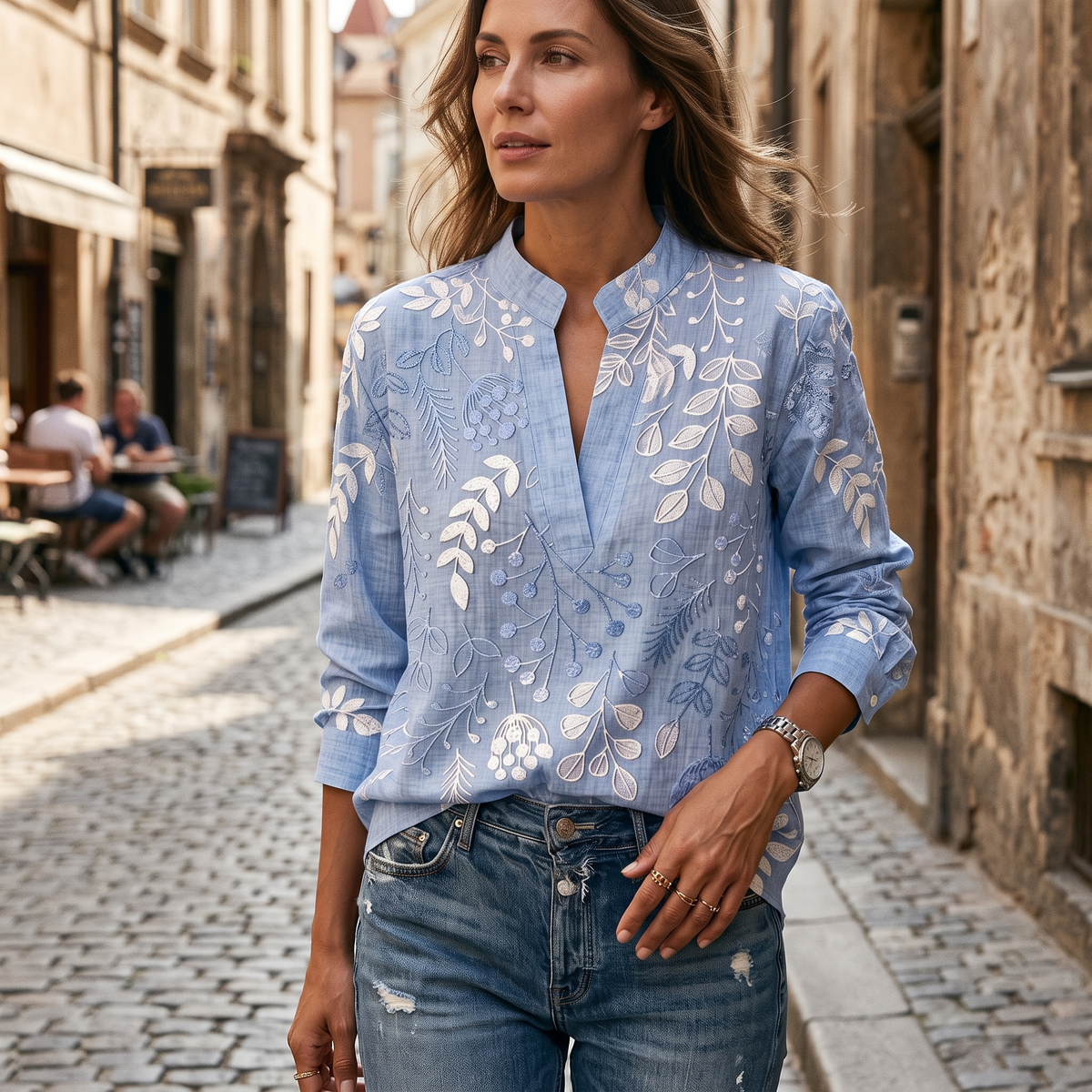 Women's Floral High Collar Blouse - 3/4 Sleeve Button Top