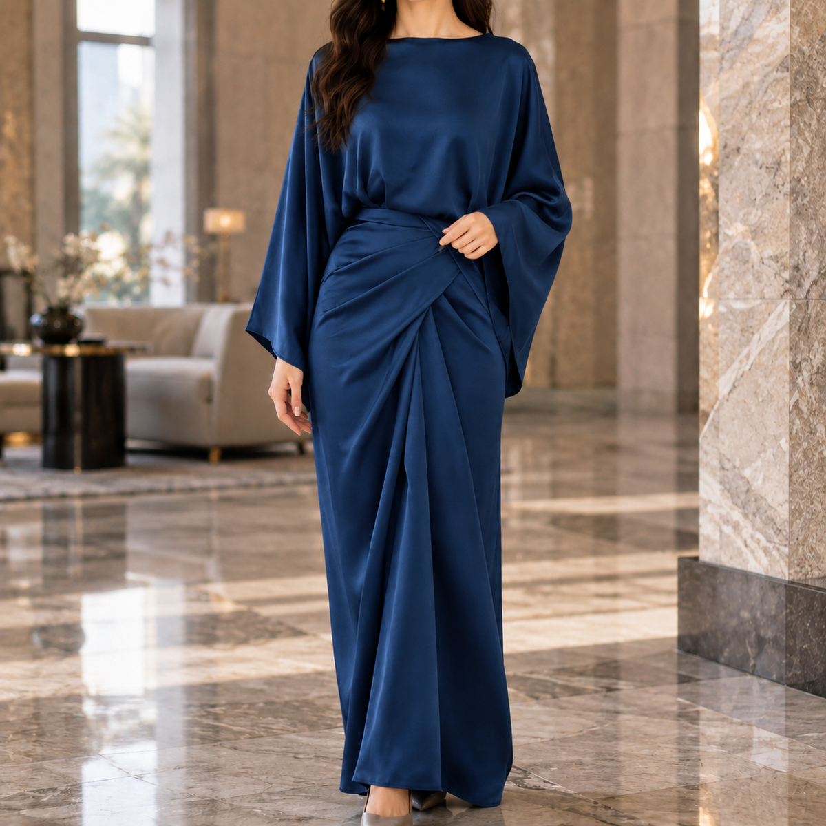 Women's Draped Maxi Dress - Boat Neck Batwing Sleeve Wrap