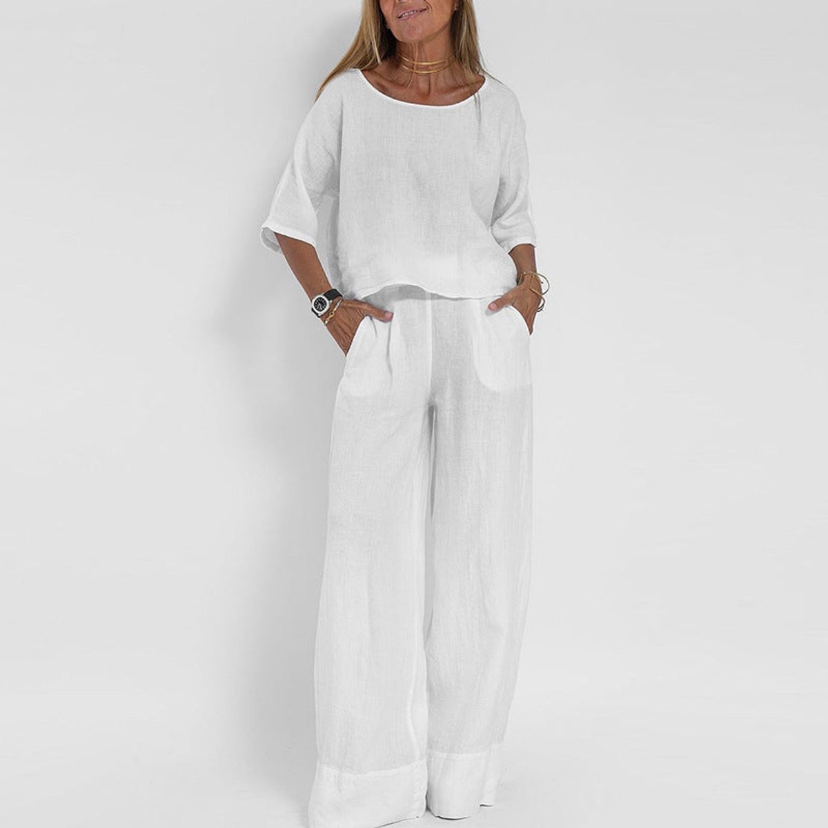 Women's Linen Blend Wide Leg Pants Set - Relaxed Two Piece