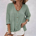 Women's V-Neck Button-Up Blouse - Relaxed 3/4 Sleeve Top