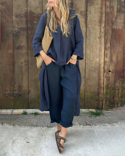 Women's Linen Two Piece Set - Relaxed Top and Pants Outfit
