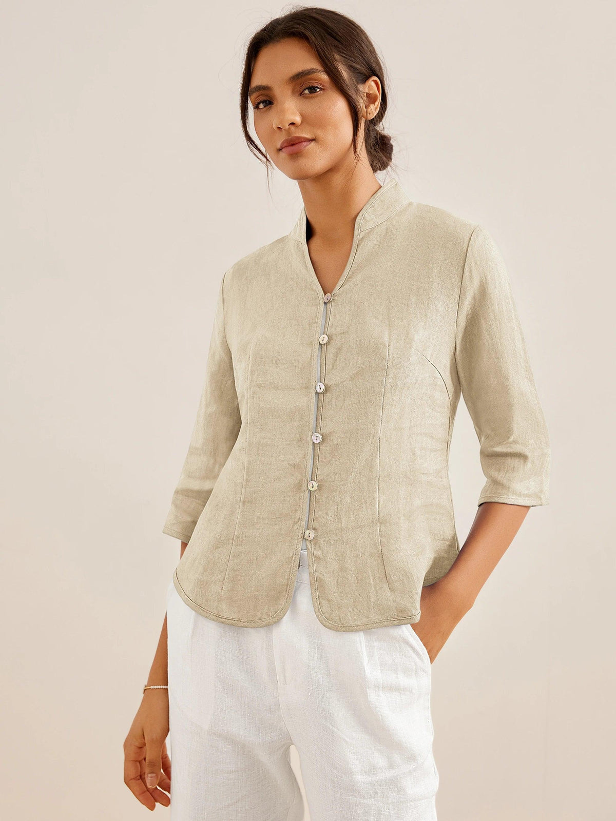 Women's 100% Linen Tailored Jacket - Stand Collar Blazer