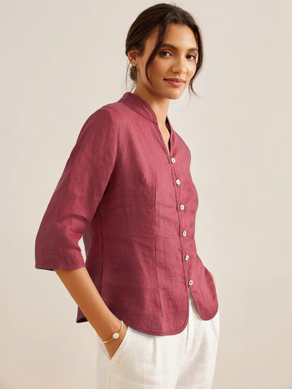 Women's 100% Linen Tailored Jacket - Stand Collar Blazer