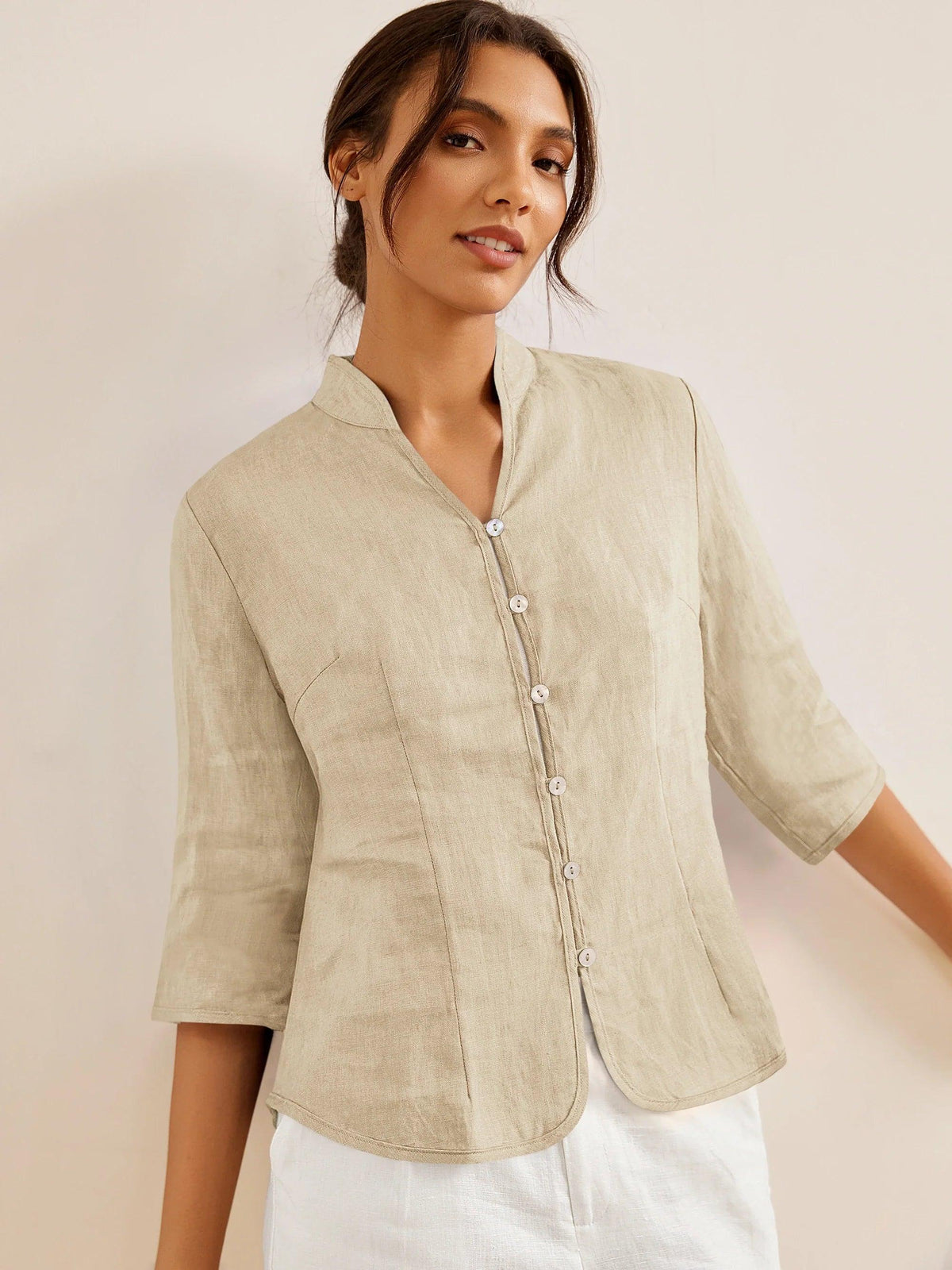 Women's 100% Linen Tailored Jacket - Stand Collar Blazer