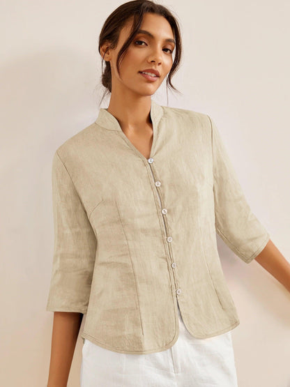 Women's 100% Linen Tailored Jacket - Stand Collar Blazer