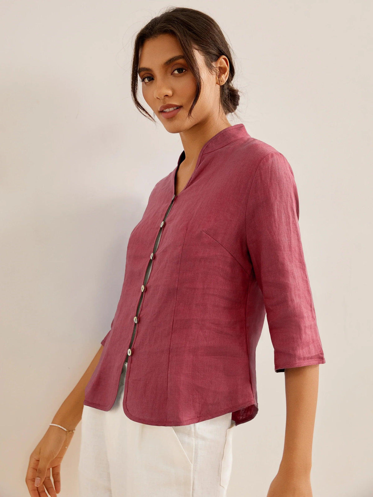 Women's 100% Linen Tailored Jacket - Stand Collar Blazer