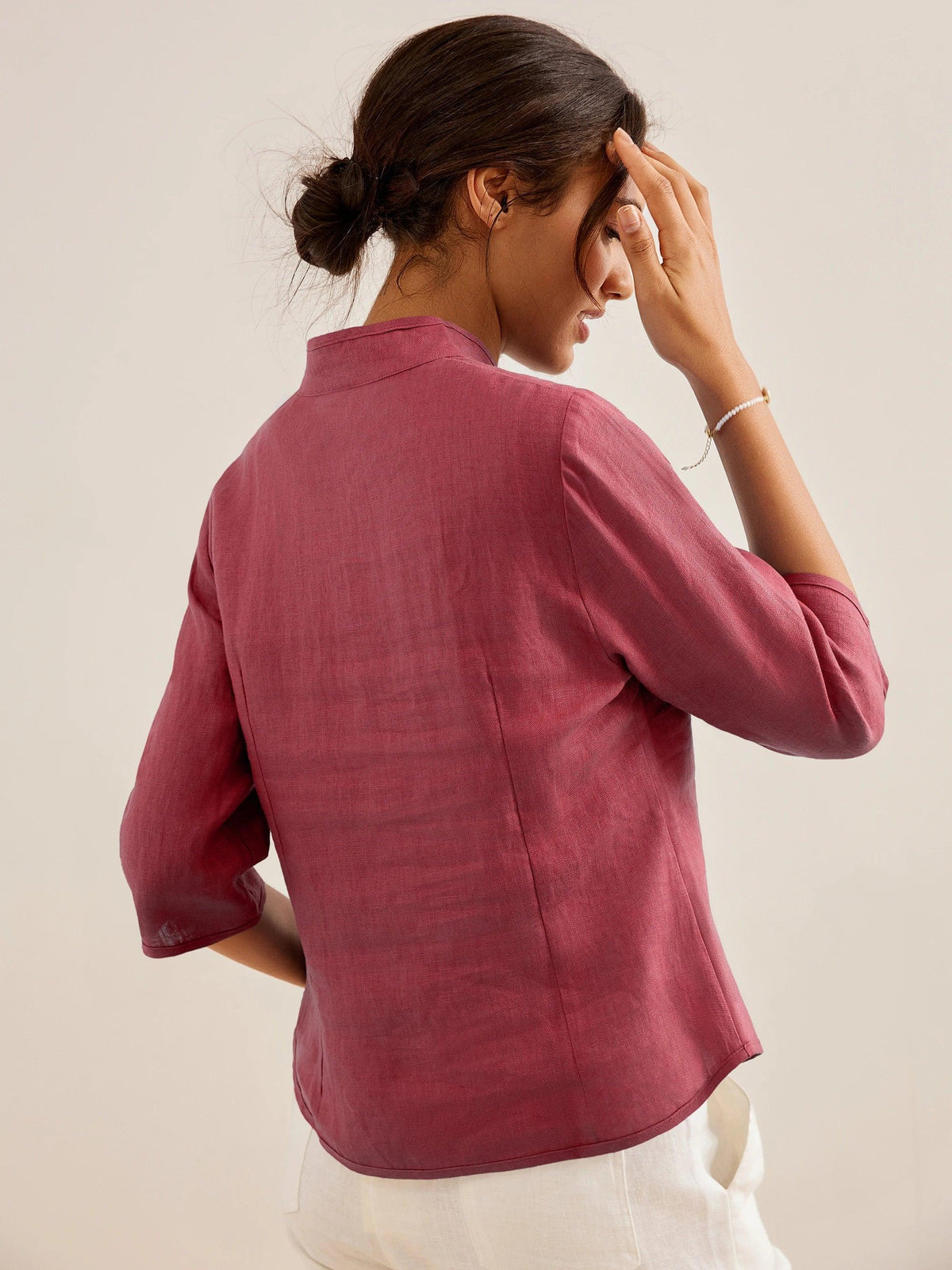 Women's 100% Linen Tailored Jacket - Stand Collar Blazer