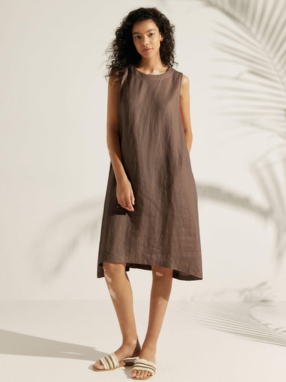Women's 100% Linen Sleeveless Midi Dress - A-Line Round Neck