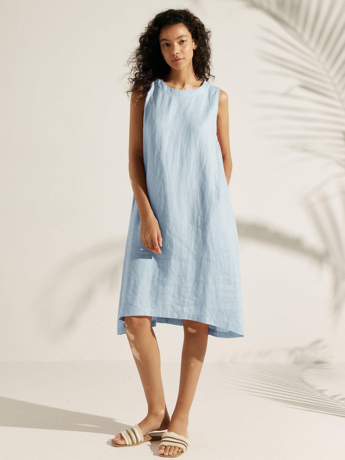 Women's 100% Linen Sleeveless Midi Dress - A-Line Round Neck