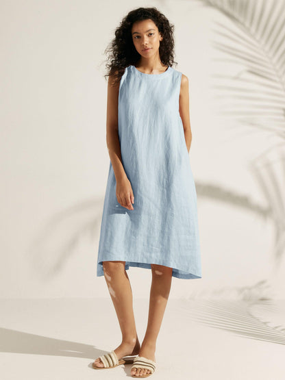 Women's 100% Linen Sleeveless Midi Dress - A-Line Round Neck