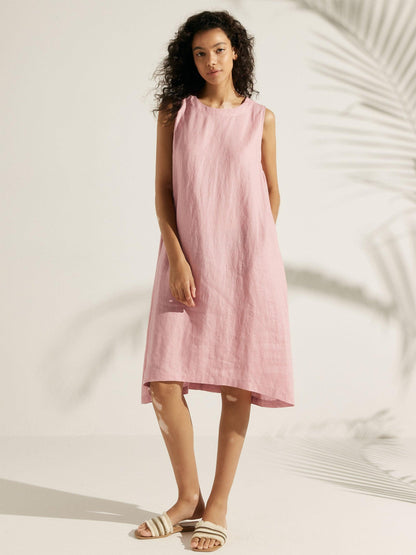 Women's 100% Linen Sleeveless Midi Dress - A-Line Round Neck