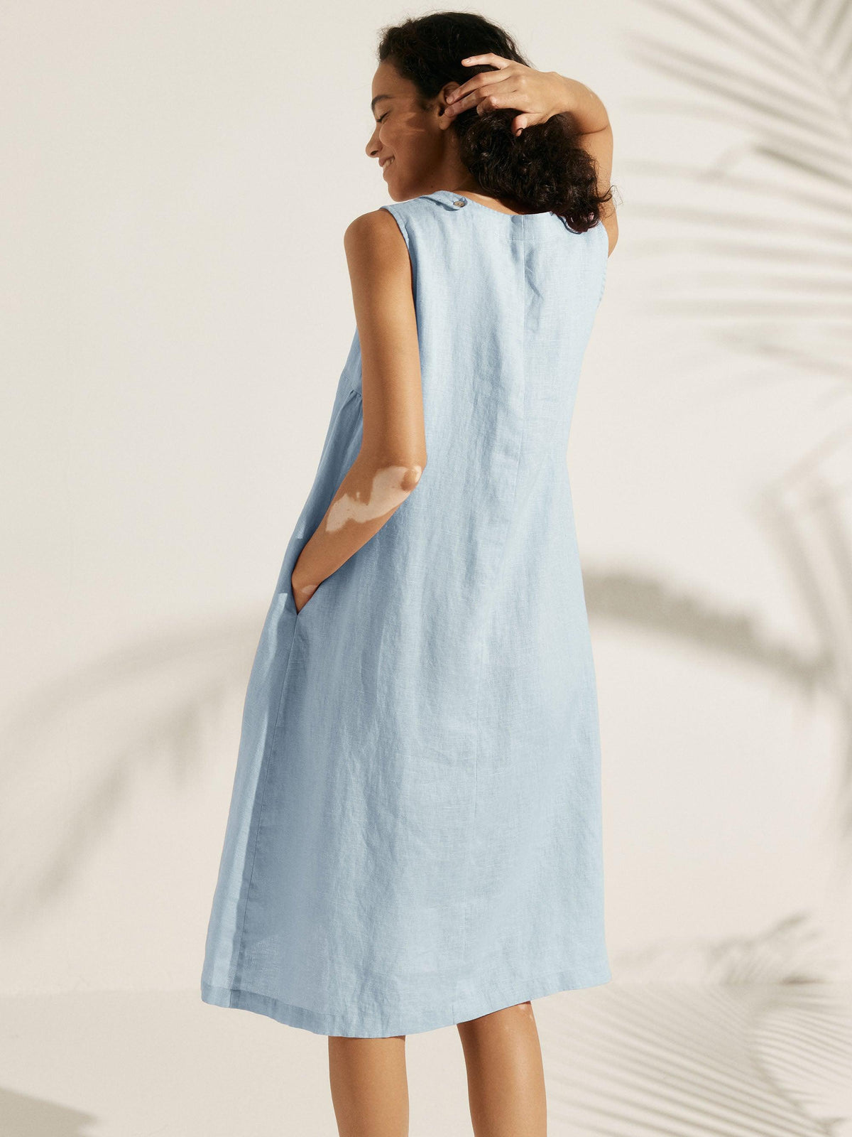 Women's 100% Linen Sleeveless Midi Dress - A-Line Round Neck