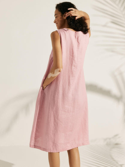 Women's 100% Linen Sleeveless Midi Dress - A-Line Round Neck