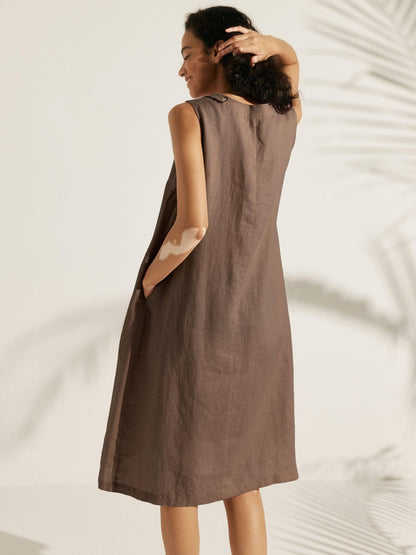 Women's 100% Linen Sleeveless Midi Dress - A-Line Round Neck