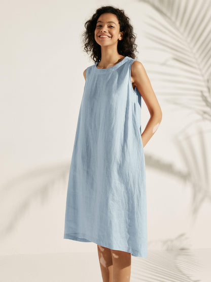 Women's 100% Linen Sleeveless Midi Dress - A-Line Round Neck
