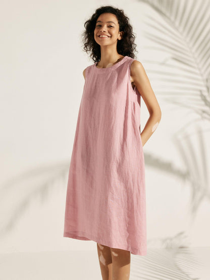 Women's 100% Linen Sleeveless Midi Dress - A-Line Round Neck