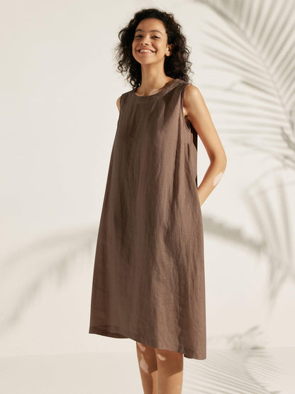 Women's 100% Linen Sleeveless Midi Dress - A-Line Round Neck