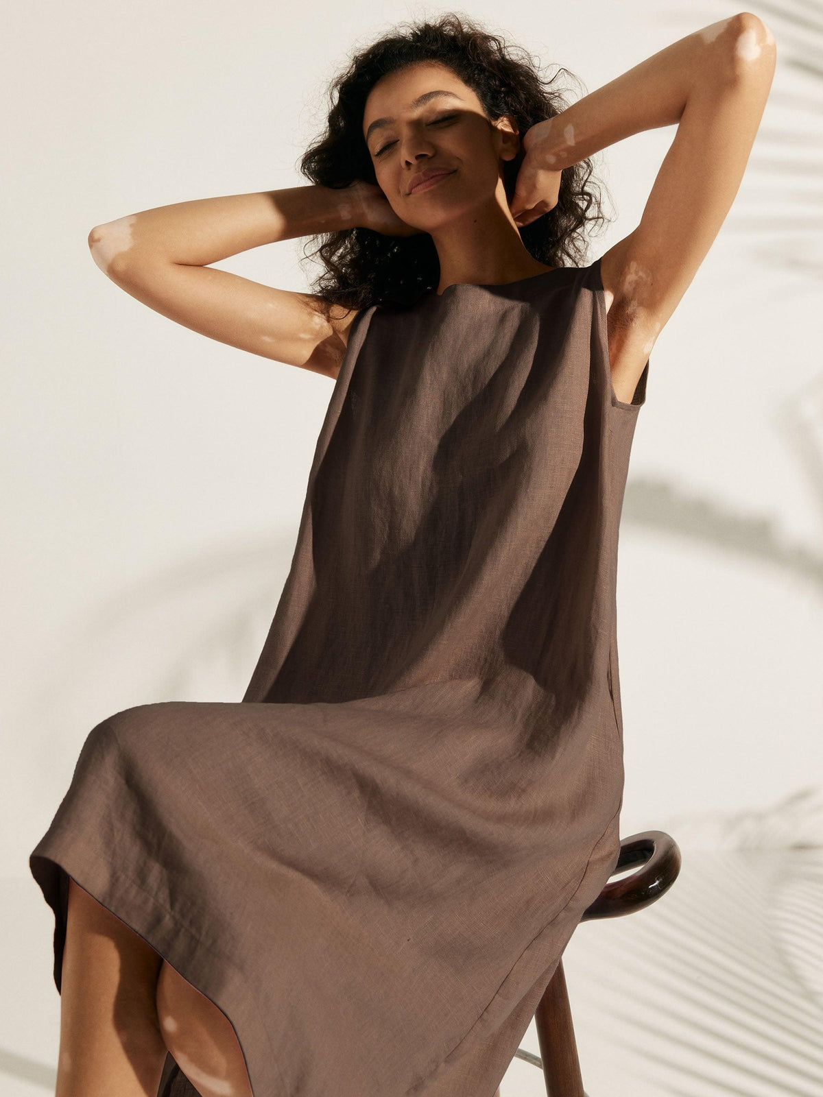 Women's 100% Linen Sleeveless Midi Dress - A-Line Round Neck