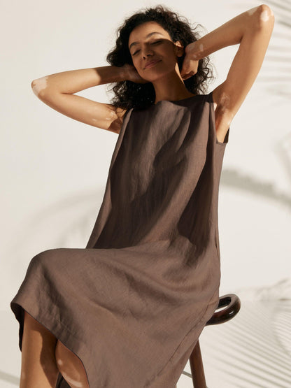 Women's 100% Linen Sleeveless Midi Dress - A-Line Round Neck
