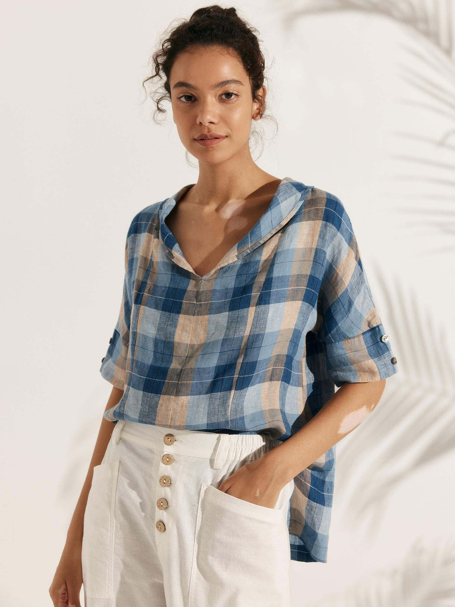 Women's Linen Relaxed Half Sleeve Blouse - Plaid and Solid