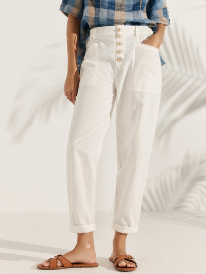 Women's Linen Blend Straight Leg Trousers - Patch Pockets