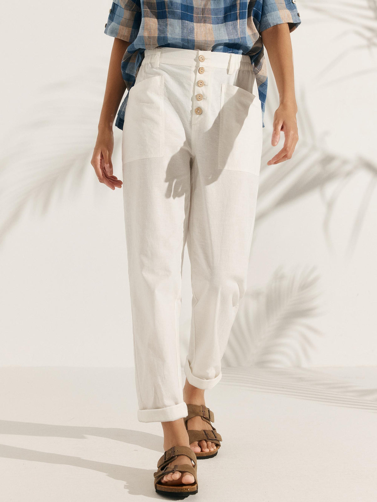 Women's Linen Blend Straight Leg Trousers - Patch Pockets