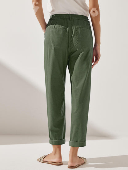 Women's Linen Blend Straight Leg Trousers - Patch Pockets