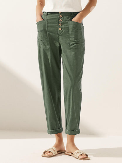 Women's Linen Blend Straight Leg Trousers - Patch Pockets