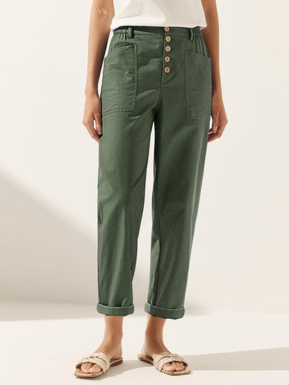Women's Linen Blend Straight Leg Trousers - Patch Pockets