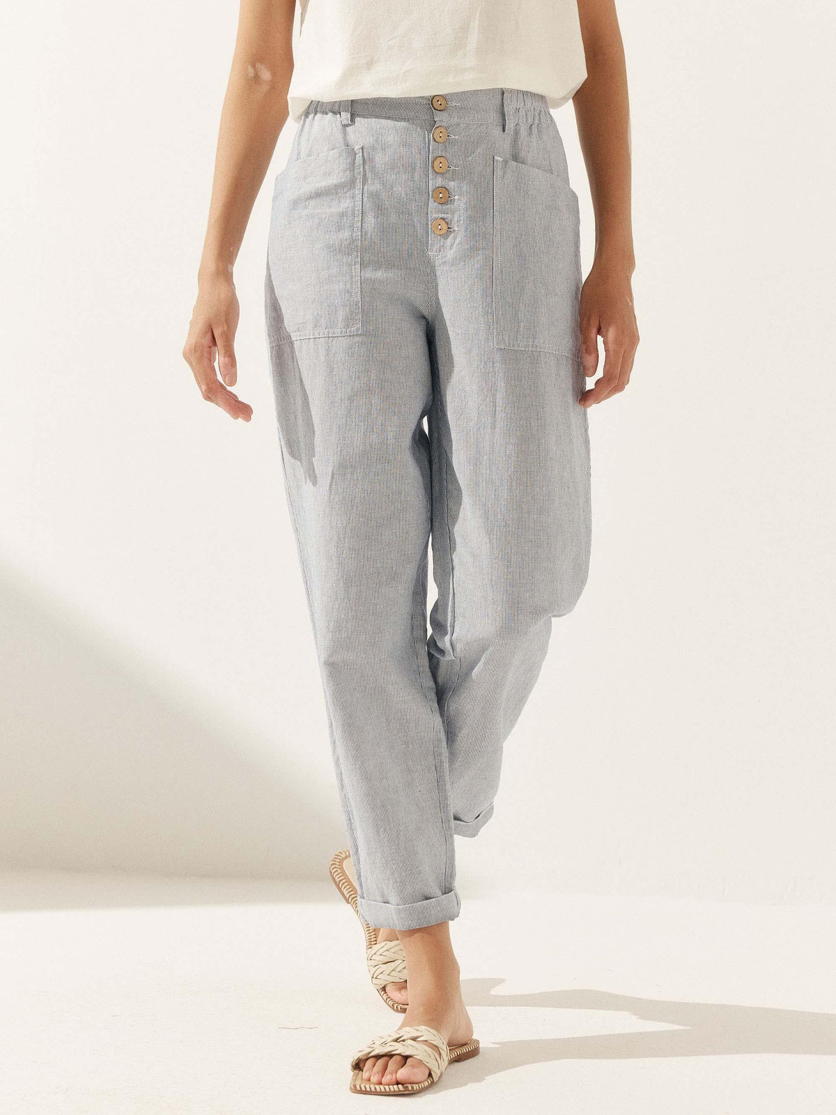 Women's Linen Blend Straight Leg Trousers - Patch Pockets