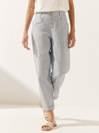 Women's Linen Blend Straight Leg Trousers - Patch Pockets
