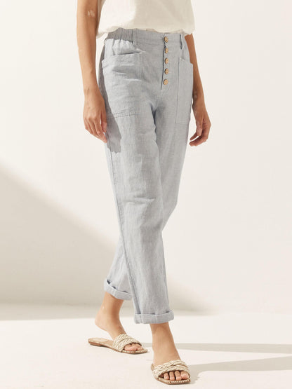 Women's Linen Blend Straight Leg Trousers - Patch Pockets