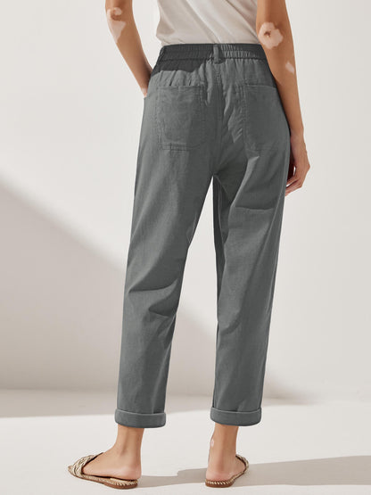 Women's Linen Blend Straight Leg Trousers - Patch Pockets