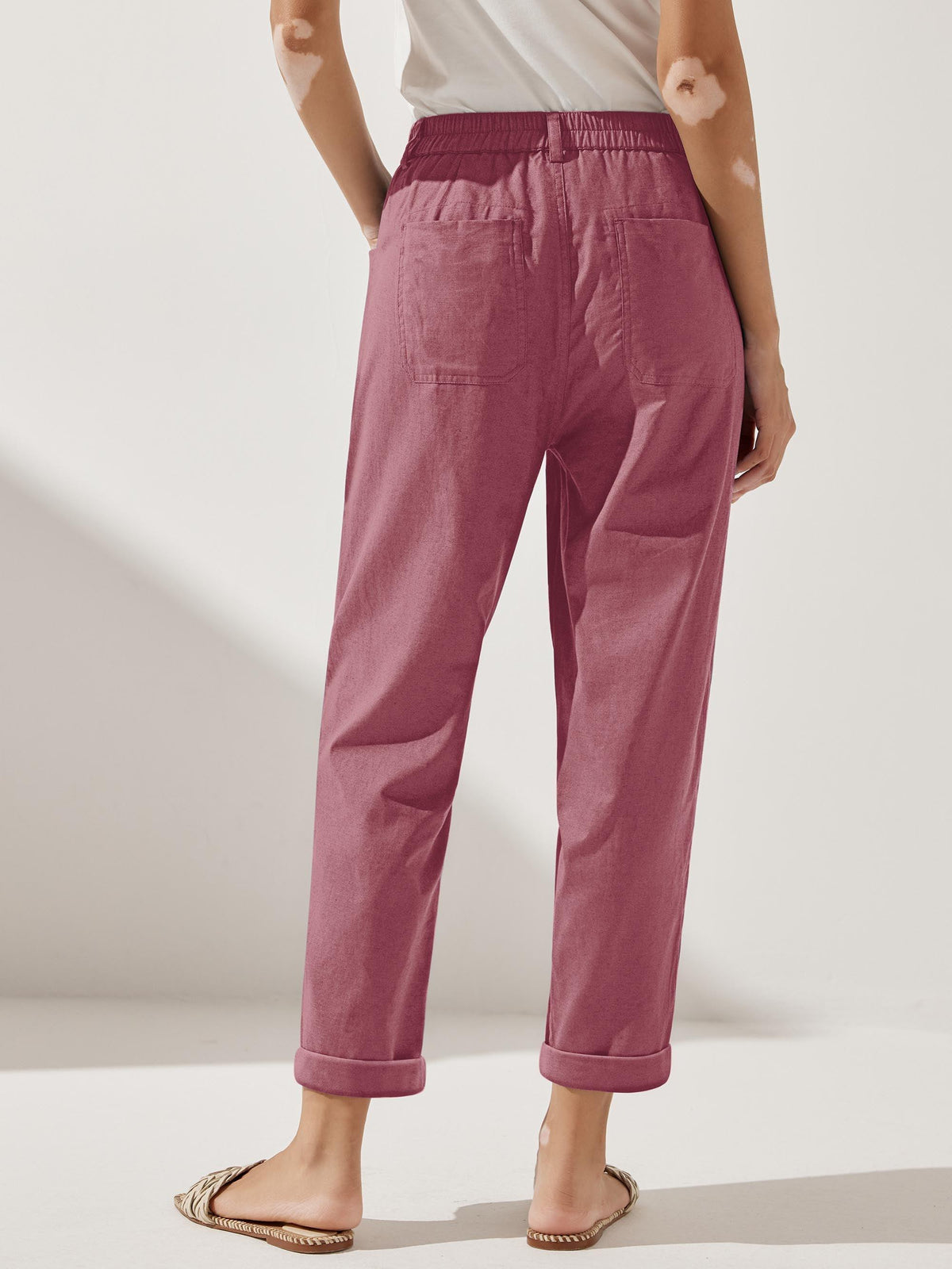 Women's Linen Blend Straight Leg Trousers - Patch Pockets