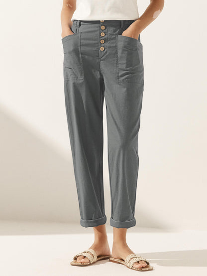 Women's Linen Blend Straight Leg Trousers - Patch Pockets