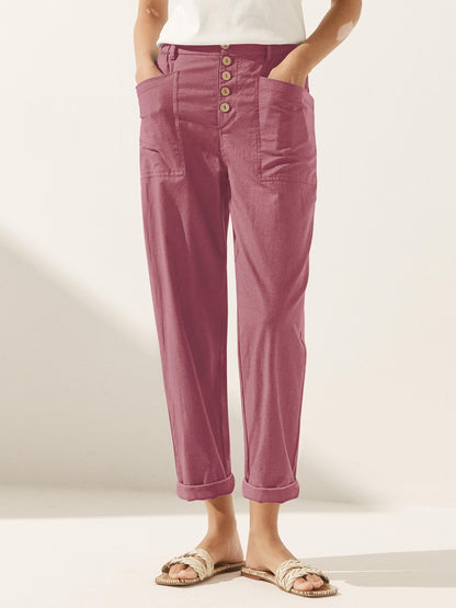 Women's Linen Blend Straight Leg Trousers - Patch Pockets