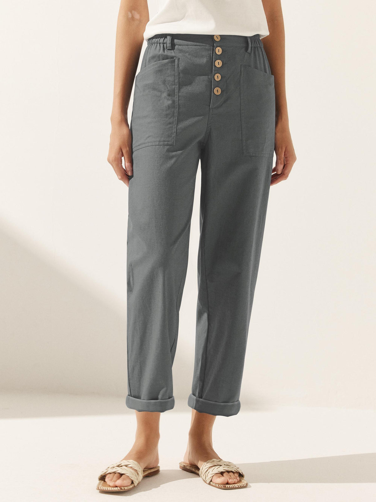 Women's Linen Blend Straight Leg Trousers - Patch Pockets