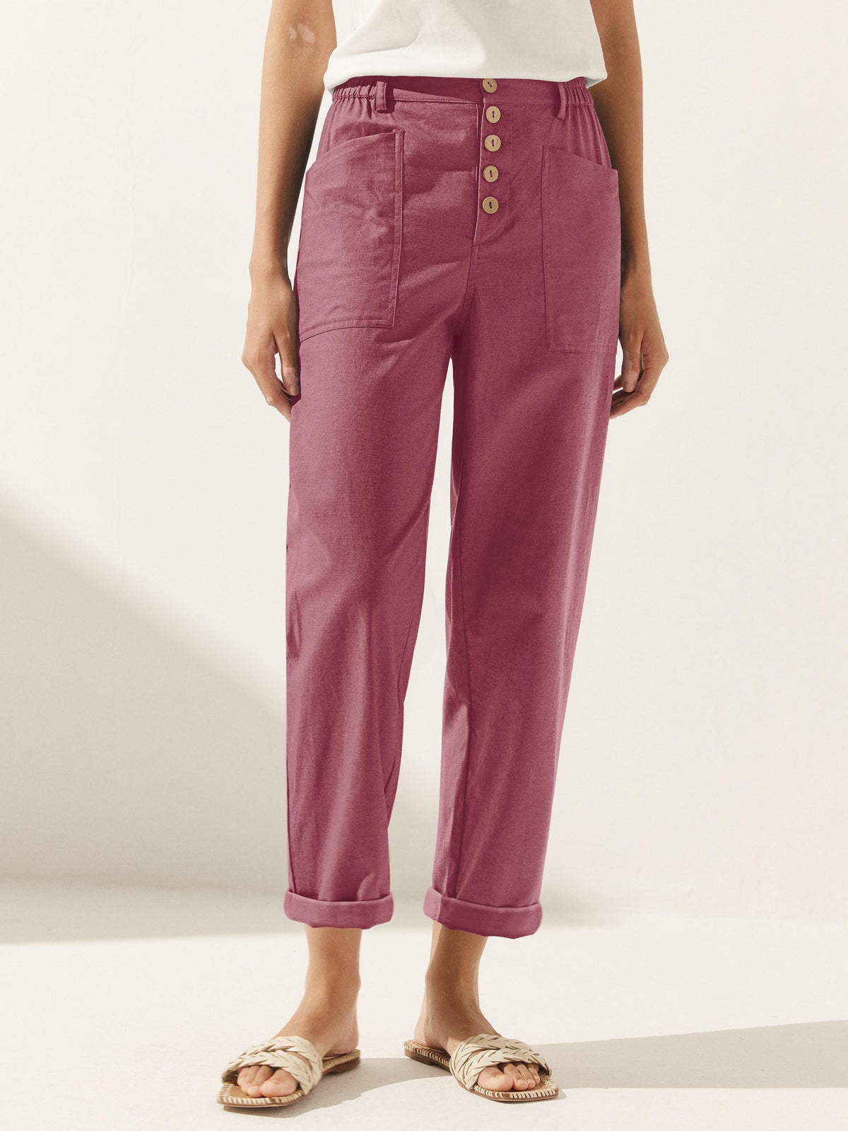 Women's Linen Blend Straight Leg Trousers - Patch Pockets