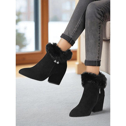 Women's Fur-Trimmed Ankle Boots - Pointed Toe Block Heel