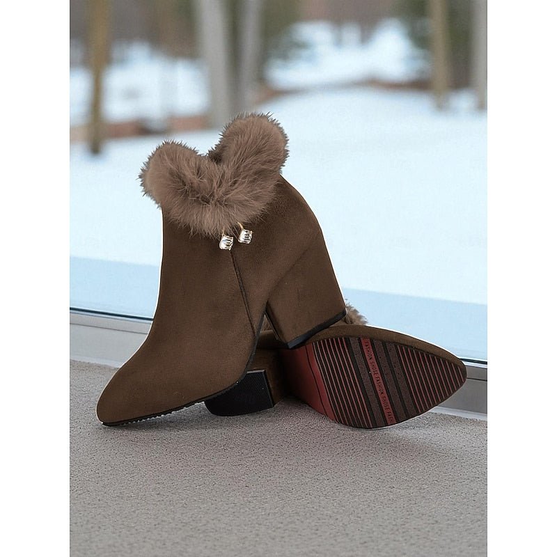 Women's Fur-Trimmed Ankle Boots - Pointed Toe Block Heel