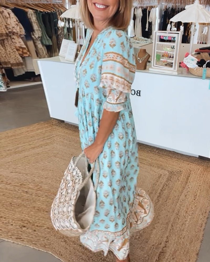 Women's Floral V-Neck Dress - Flowy Chic Midi Summer Dress