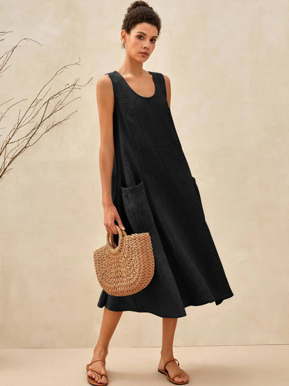 Women's 100% Linen Sleeveless Midi Dress with Pockets