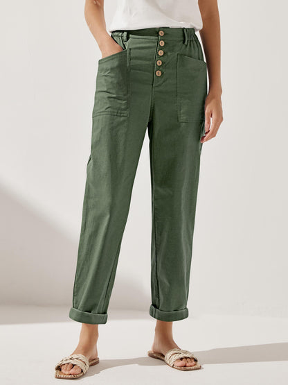 Women's Linen Blend Straight Leg Trousers - Patch Pockets